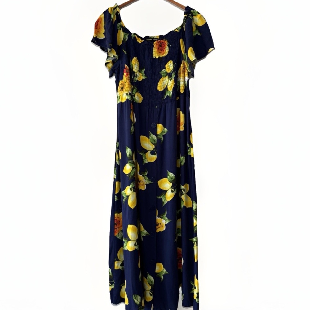 Always Indigo Women's Lemon Midi Dress Size 2x Smocked Bodice Navy Short Sleeve